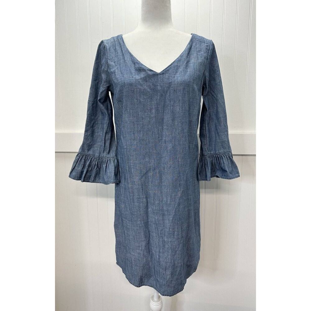 Chambray Shift Dress J Crew Womens 4 Blue Cotton Bell Flutter Long Sleeves Zip
